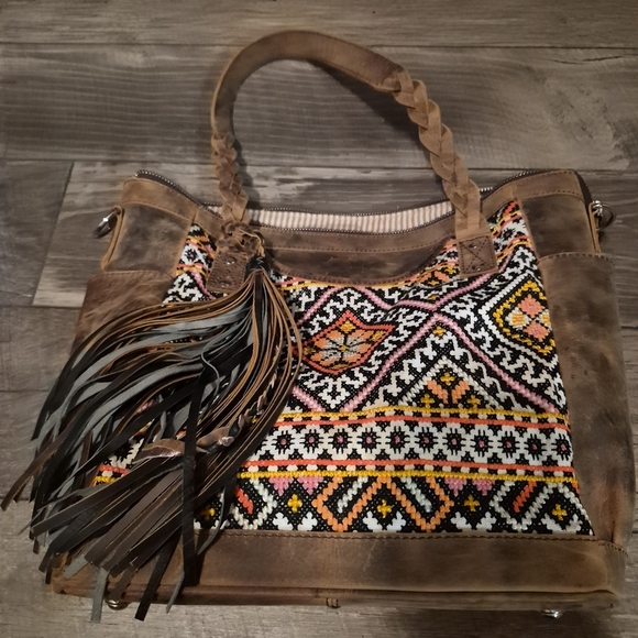 Deja Designs Handbags - Distressed Leather Artisan Patterned Brown and Black Shoulder Bag